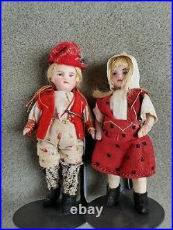 3.5 Antique German All Bisque Jointed Adorable Couple Set Of 2 Dolls Mignonette