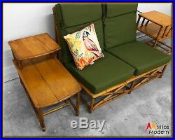 30s All Original Heywood Wakefield Rattan Sofa Lounge Set with Tables New Cushions