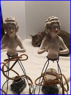 Antique Boudoir Half Doll Light Lamps set of 2 -all Original Parts 1920's