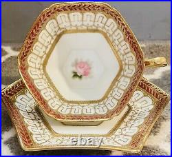 Antique Rare Nippon Hand Painted Gold & Ruby Hexagon Teacup And Saucer Set Mint