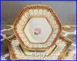 Antique Rare Nippon Hand Painted Gold & Ruby Hexagon Teacup And Saucer Set Mint