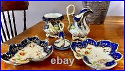 Bohemian Christian Fischer Porcelain Gilt Cobalt SugarBowl & Creamer with 2 Plates