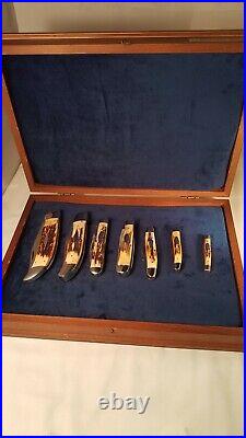 Case xx Complete 7 Knife Stag Black Letter Set 1976 All Unused Mint Etched