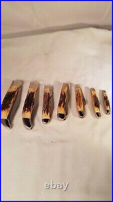 Case xx Complete 7 Knife Stag Black Letter Set 1976 All Unused Mint Etched