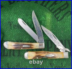 Case xx Complete 8 Knife Blue Scroll Set 1977 All Stag Etched Unused Wood Box