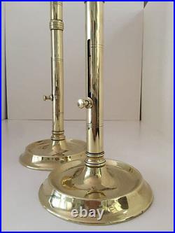 Pair English George III Brass CandlesticksRare Push Up set on dish base