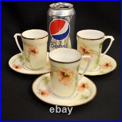 RS Germany Set 3 Chocolate Cups & Saucers Orange Poppy Sprays withGold 1910-1945