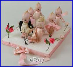 Set of 6 all original, antique all-bisque Kewpie bridal party with display RARE