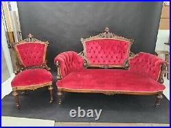 Victorian Antique Settee Couch and Chair Set. Red All Original Late 1800