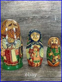 Vintage 1992 Grandfather & Family 7 Piece Signed Russian Nesting Dolls Set