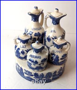 Vintage RARE Complete BLUE WILLOW Cruet Condiment Set All Original Bottles & Lid